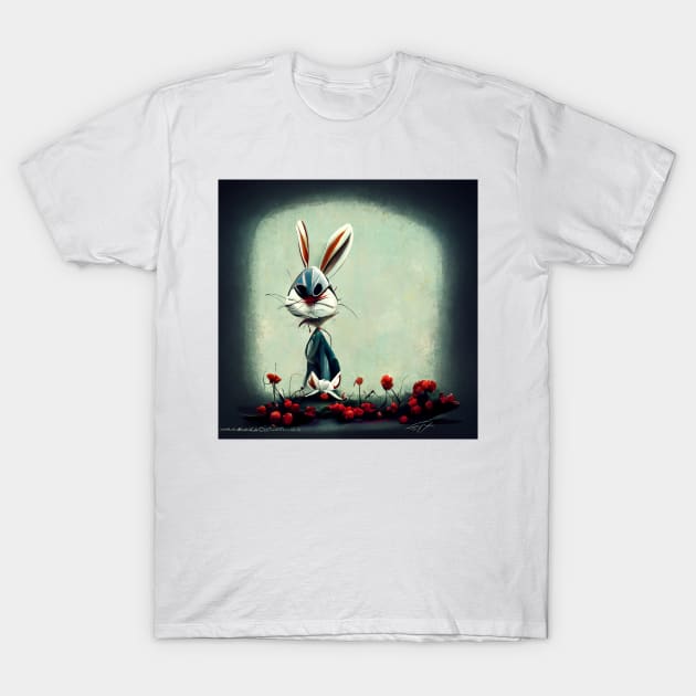 Cartoon sketched bunny rabbit looking less than pleased as he stands in the garden. T-Shirt by Liana Campbell